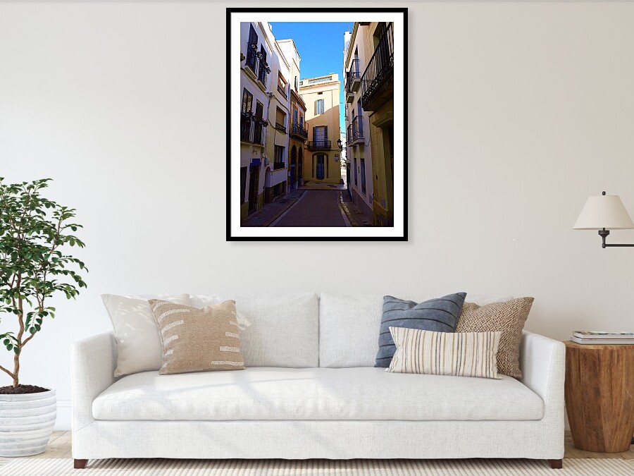 Sitges Spain Print Narrow Alleyway Tall Buildings and Vibrant Blue Sky Photography Print