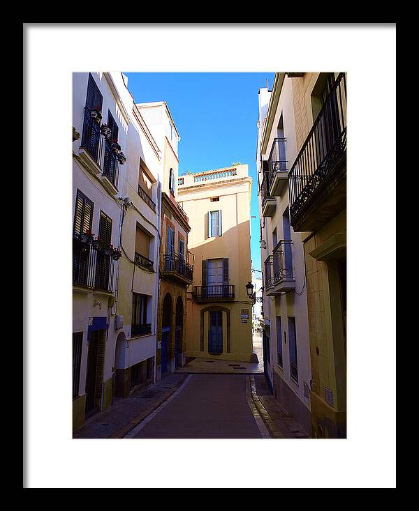 Sitges Spain Print Narrow Alleyway Tall Buildings and Vibrant Blue Sky Photography Print