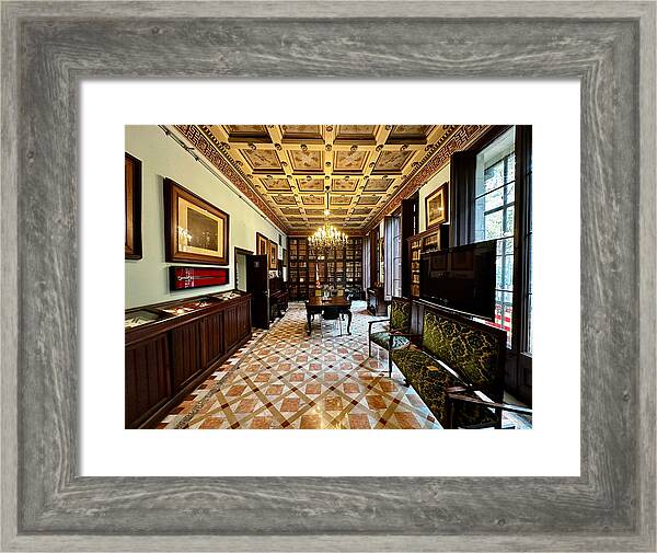 Barcelona Biblioteca Publica Arus Grand Hall with Chandelier and Library Bookshelves in Catalonia