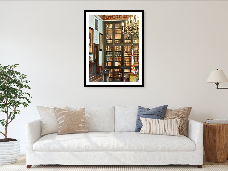 Barcelona Biblioteca Publica Arus Vintage Chandelier and Classic Library Bookshelves in Catalonia