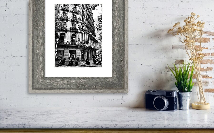 Barcelona Historic Corner Architecture and Urban Scooters in Black and White Catalonia Spain Print