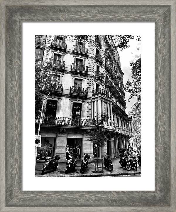 Barcelona Historic Corner Architecture and Urban Scooters in Black and White Catalonia Spain Print