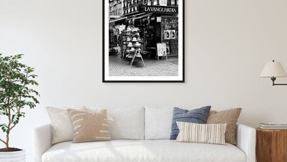 Barcelona Street Newsstand with Magazines and Hats in Black and White Catalonia Spain Fine Art Print