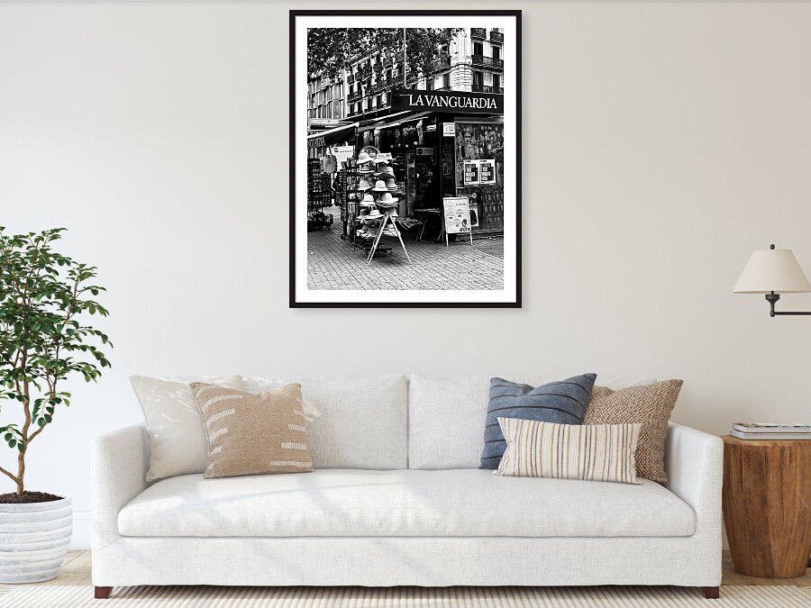 Barcelona Street Newsstand with Magazines and Hats in Black and White Catalonia Spain Fine Art Print