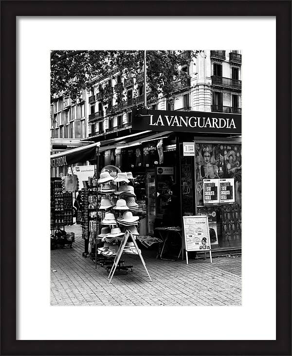 Barcelona Street Newsstand with Magazines and Hats in Black and White Catalonia Spain Fine Art Print
