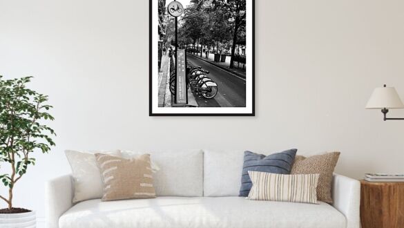 Barcelona Urban Bicycle Station and City Street in Black and White Catalonia Spain Fine Art Print