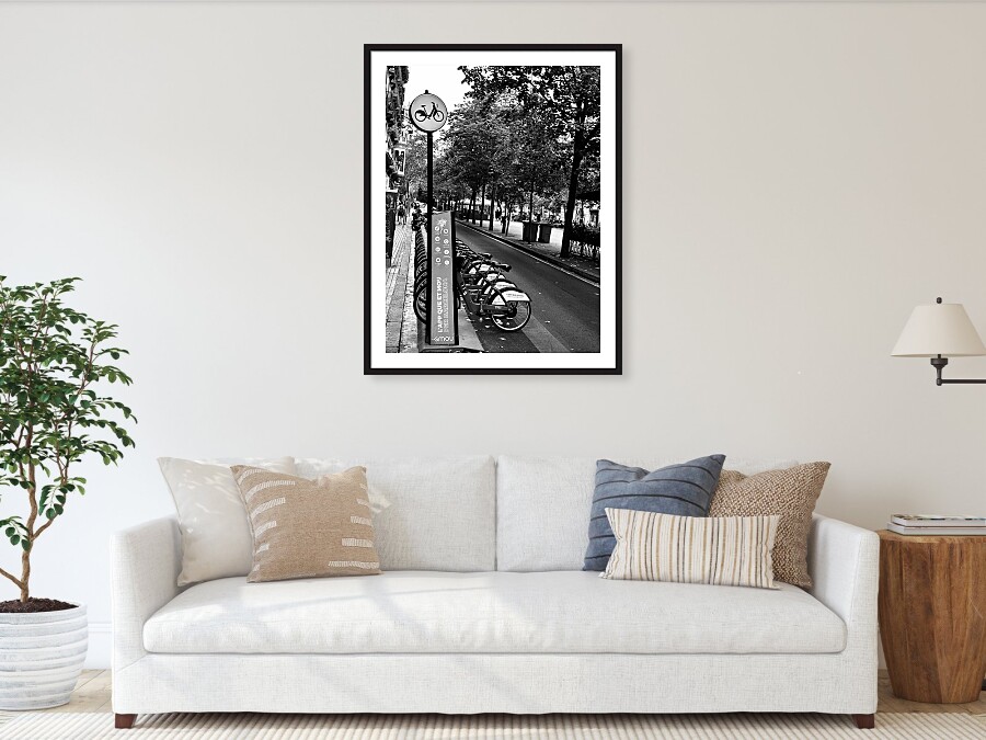 Barcelona Urban Bicycle Station and City Street in Black and White Catalonia Spain Fine Art Print