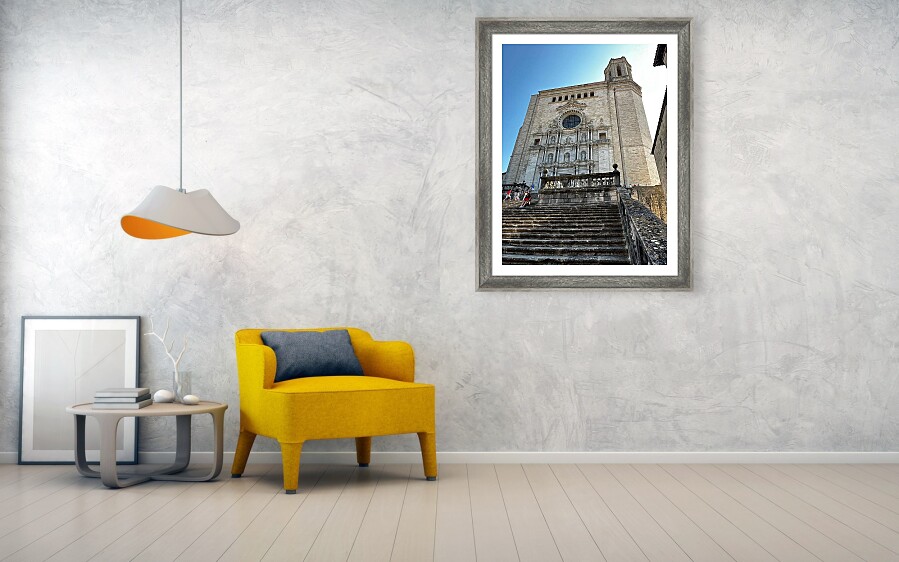 Girona Cathedral and Monumental Baroque Stairs in Catalonia Spain Fine Art Print Framed Print