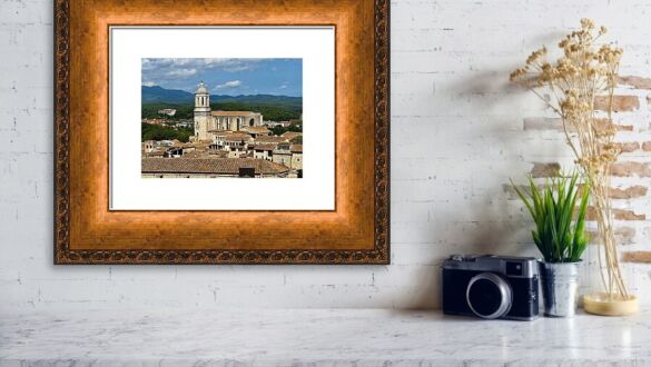 Girona Cathedral and Terracotta City Rooftops in Catalonia Spain Fine Art Print Framed Print