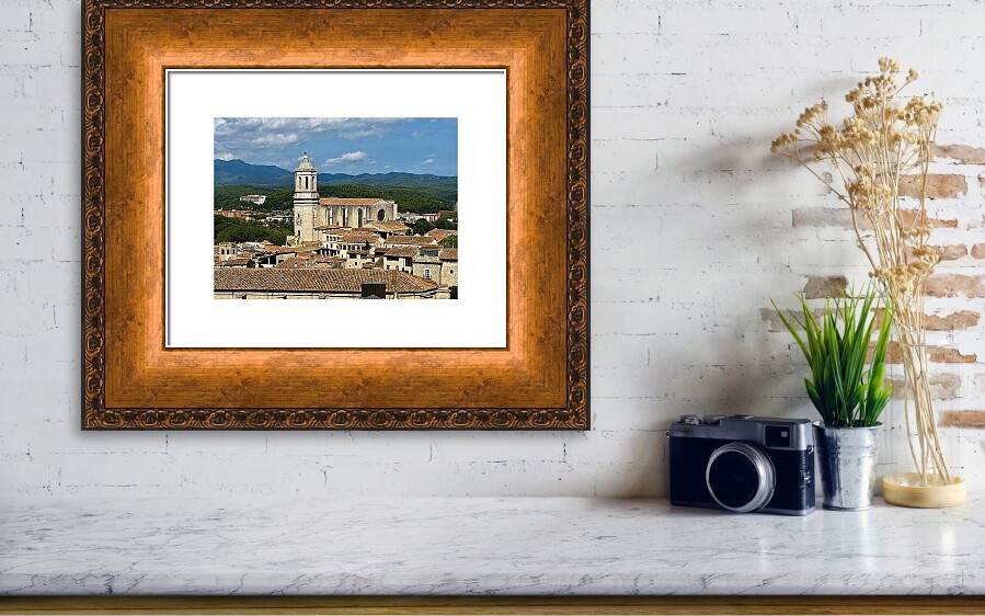 Girona Cathedral and Terracotta City Rooftops in Catalonia Spain Fine Art Print Framed Print
