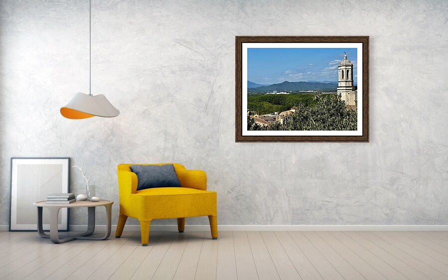 Girona Cathedral Bell Tower and Pyrenees Mountain Horizon in Catalonia Spain Fine Art Print
