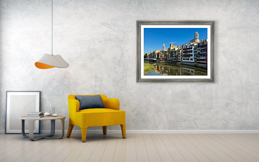 Girona Colorful Hanging Houses and Sant Feliu Basilica Tower in Catalonia Spain Fine Art Print