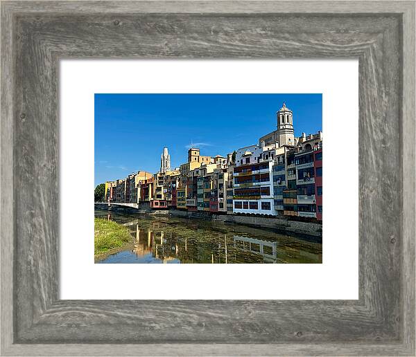 Girona Colorful Hanging Houses and Sant Feliu Basilica Tower in Catalonia Spain Fine Art Print