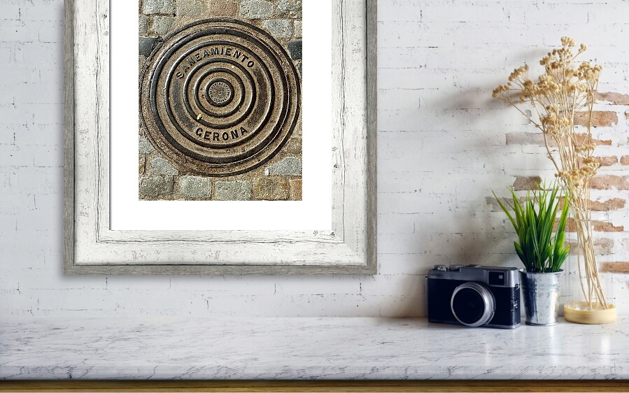 Girona Historic Manhole Cover and Cobblestone Street Detail in Catalonia Spain Fine Art Print