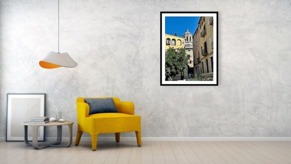 Girona Historic Street and Cathedral Bell Tower in Catalonia Spain Fine Art Print Framed Print
