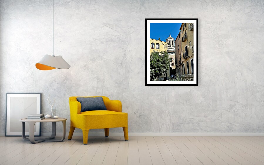 Girona Historic Street and Cathedral Bell Tower in Catalonia Spain Fine Art Print Framed Print