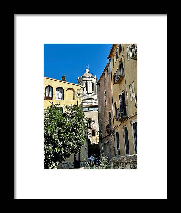 Girona Historic Street and Cathedral Bell Tower in Catalonia Spain Fine Art Print Framed Print