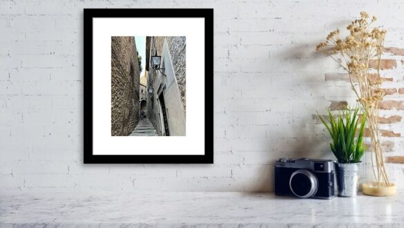 Girona Medieval Stone Alleyway with Archway and Vintage Street Lamps Catalonia Spain Fine Art Print