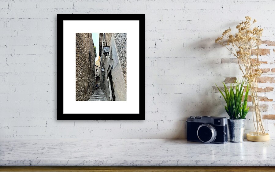 Girona Medieval Stone Alleyway with Archway and Vintage Street Lamps Catalonia Spain Fine Art Print