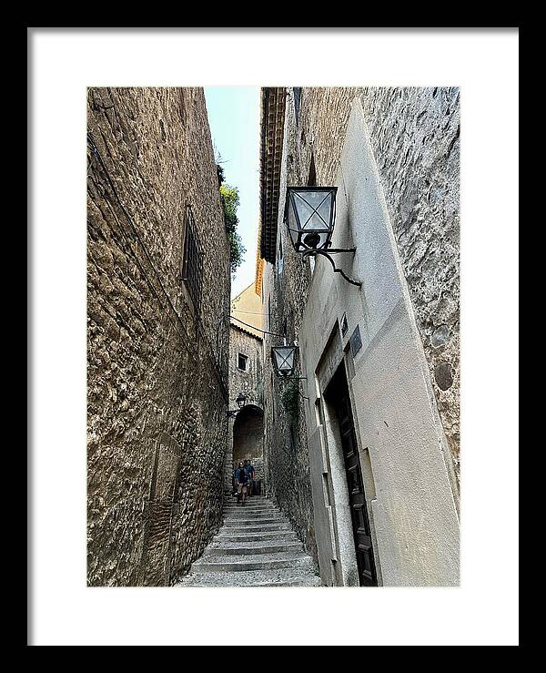 Girona Medieval Stone Alleyway with Archway and Vintage Street Lamps Catalonia Spain Fine Art Print