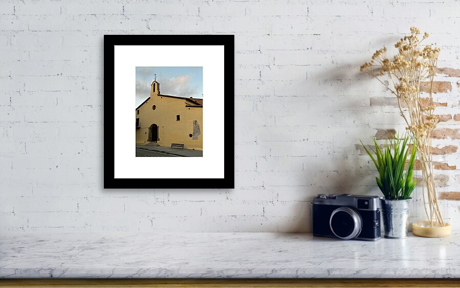 Vilanova Spain Art Print Yellow Historic Church Architecture and Belfry Framed Print